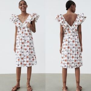 New Zara Floral Print Brock Collection/Bridgerton Style Poplin Midi Dress NWT M